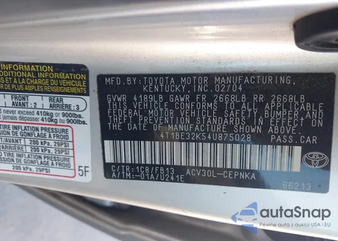 2004 Toyota Camry Le from USA, damaged, VIN 4T1BE32K54U875028